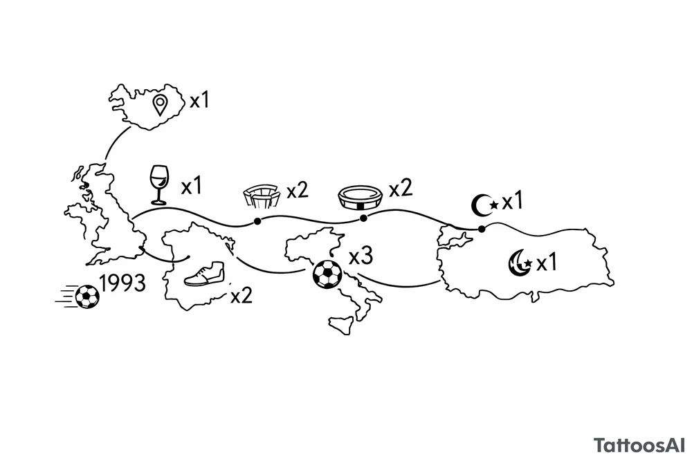 A football journey no crests stars each country on how many times ive played there
A fine-line world map or stylized route connecting Iceland ➔ Italy ➔ Spain ➔ Turkey ➔ Hungary ➔ France, with minimalist markers for each club.
Starting in uk 1993 tattoo idea