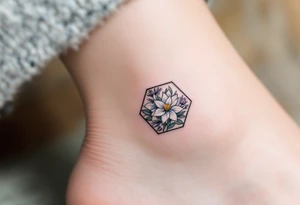 Faint Hexagon with Leo, larkspur and water lilies in the center tattoo idea