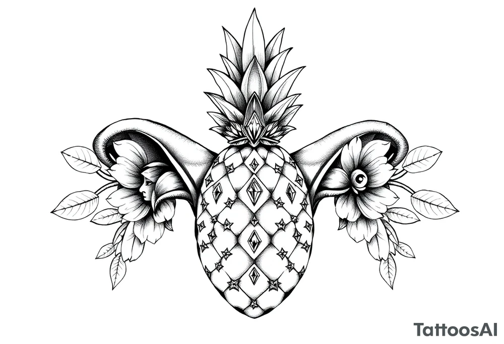 Design around a vagina and anus using a pineapple with diamonds and magestic, crown, vagina, anus, pubic tattoo idea