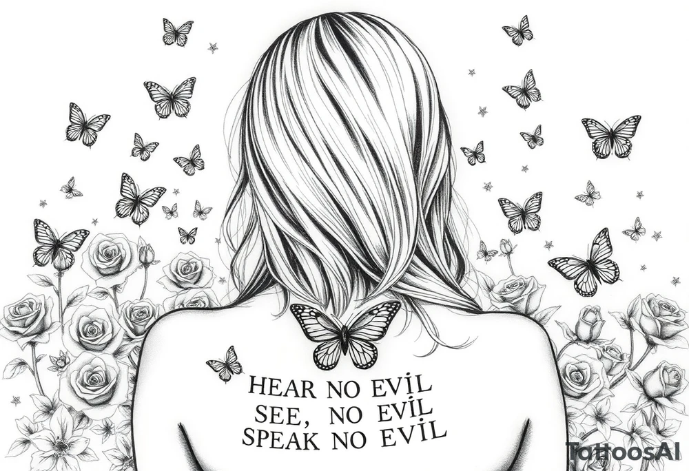 A women with long flowing hair facing foward i. A garden full 9f beautiful roses and flowers that are surrounded by medium butterflies small butterflys and even smaller butterflies that is telling us HEAR NO EVIL SEE NO EVIL SPEAK NO EVIL tattoo idea