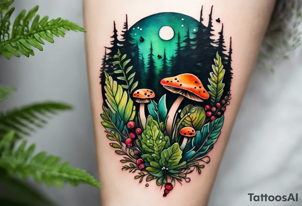 forest floor inspired minimalist tattoo, which includes grass, curly ferns, moss and dead leaves as the bulk of the tattoo. details to include: forest berries, a tiny bumblebee flying nearby, three small brown mushrooms
Generate a vertically long one tattoo idea