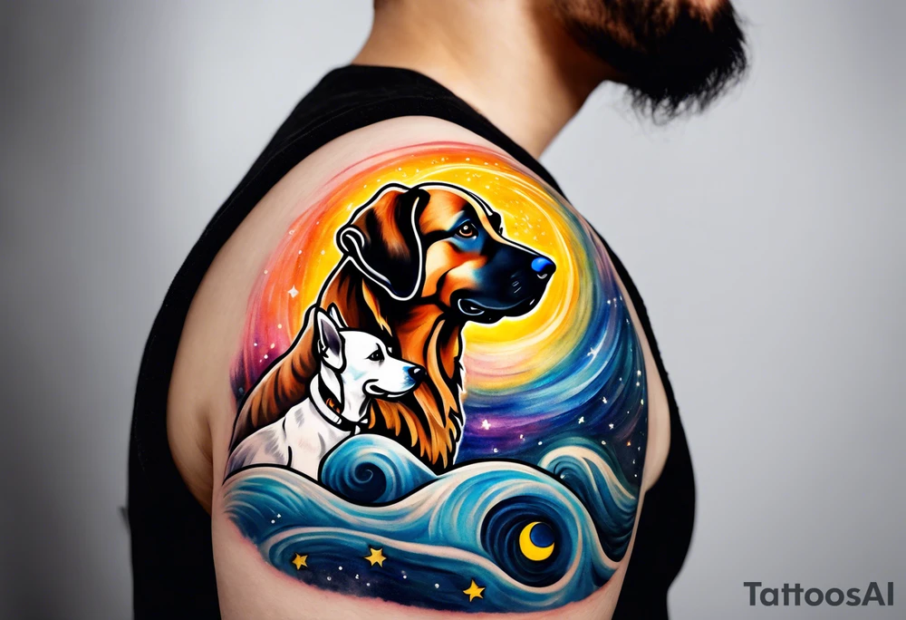 A person and 3 dogs looking up at space tattoo idea