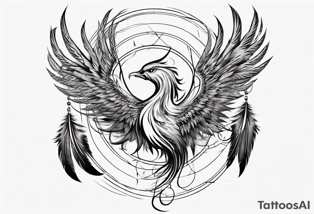 Vertical angry flying Phoenix with wings blending into circles and a long abstract dream catcher feather tail tattoo idea