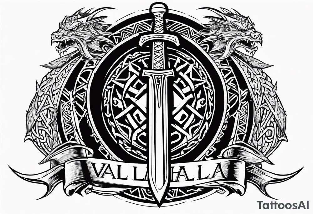 Valhalla sword shield dragon axe Valknut barbed wire chains tribal tattoo idea Valhalla sword shield dragon axe Valknut barbed wire chains tribal tattoo idea