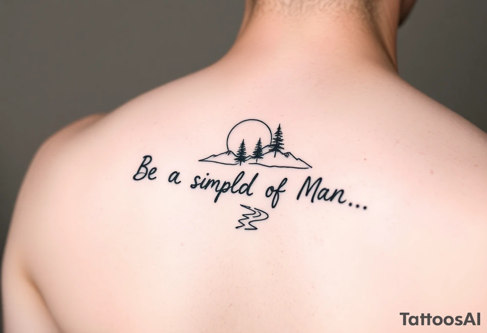 A minimalist tattoo with the words ‘Be a Simple Kind of Man’ in handwritten script, framed by pine trees, mountains, and a rising sun. Evokes peaceful strength and humility. Fine line blackwork for the forearm. Add a sliver of a moon and a river in the forefront. tattoo idea
