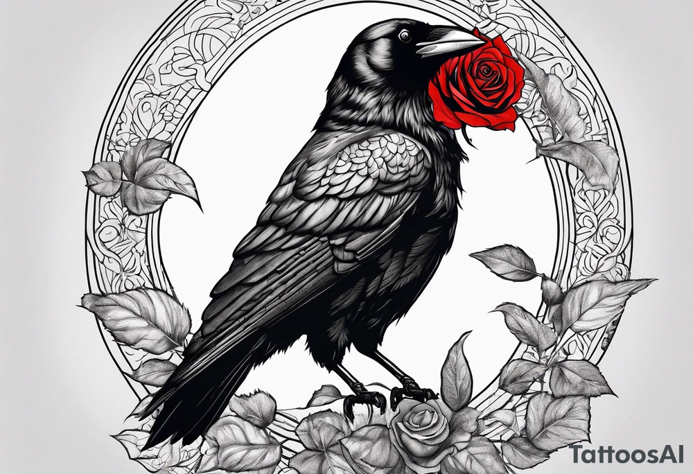 Crow standing holding a red rose tattoo idea