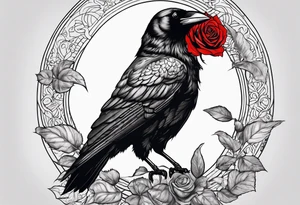 Crow standing holding a red rose tattoo idea