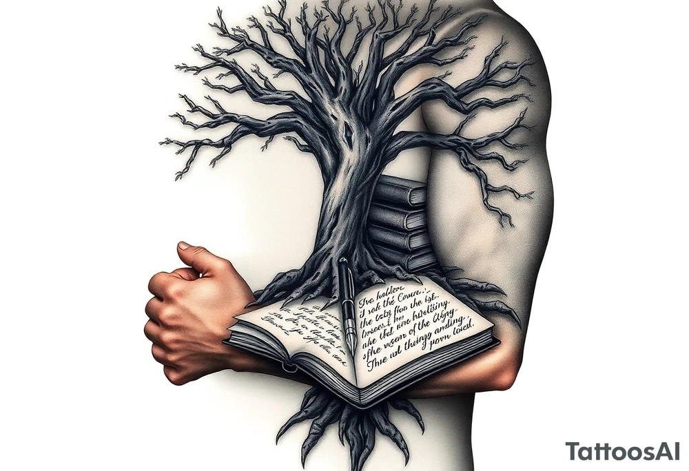 Dark 
tree of knowledge with books connected as roots stacked up and an open journal with beautiful cursive writing at the base with a fountain pen for the tattoo idea