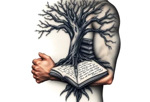Dark 
tree of knowledge with books connected as roots stacked up and an open journal with beautiful cursive writing at the base with a fountain pen for the tattoo idea