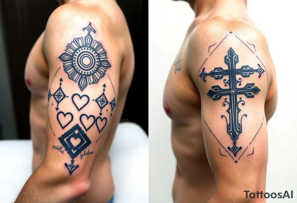 Cover right arm from shoulder to elbow, front and back.
Style is geométricas and tribal. Include healthy and wellness symbols, making a connection between the symbols. Include hearts and names of son and daughter small hidden in the symbols: Isabela, Gabriel, Laura.
Include cross tattoo idea