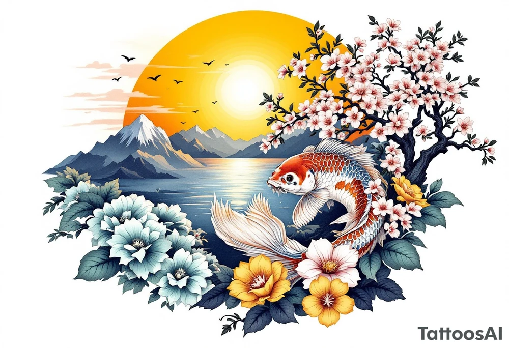 Koi fish, and cherry blossom tree, beautiful sunset in background tattoo idea