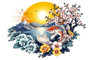 Koi fish, and cherry blossom tree, beautiful sunset in background tattoo idea