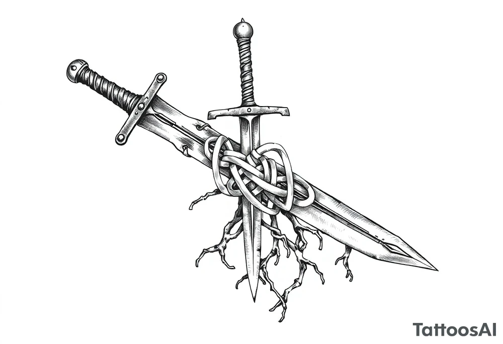 Armband tattoo of a sword with covered in a Celtic knot roots tattoo idea