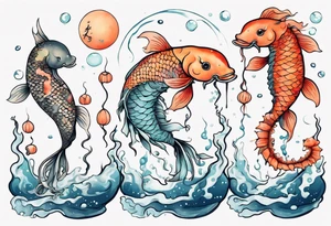 Water scene, featuring koi karp, jellyfish, seahorses and the moon. With nods to Pisces. tattoo idea