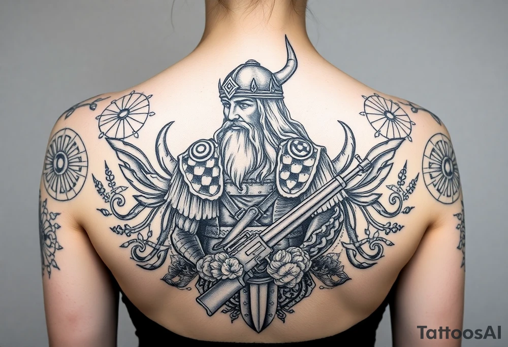 A Viking in the battlefield surrounded by Viking symbols and patterns. Hidden in the patterns is an Australian army rifle and slouch hat. tattoo idea