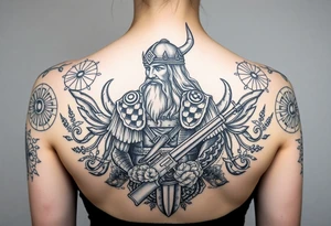 A Viking in the battlefield surrounded by Viking symbols and patterns. Hidden in the patterns is an Australian army rifle and slouch hat. tattoo idea