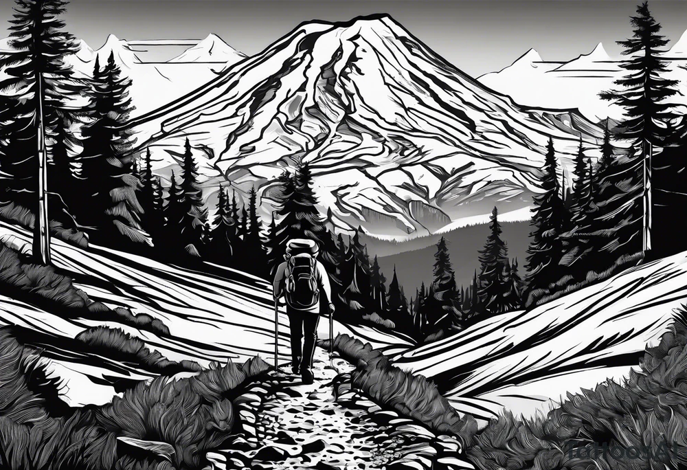 A man  with his family hiking through the mountian Rainer . Add Mexican frame tattoo idea
