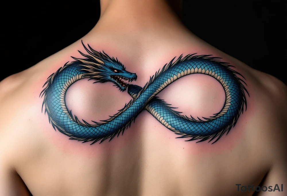The design features a dragon, coiled in the shape of the infinity symbol (sideways number "8"). The dragon is depicted eating its own tail, symbolizing eternity and continuity, inspired by the Ouroboros.

Details:

The dragon's body has vibrant, glossy blue scales, with a smooth and polished texture.
It maintains a clean, balanced shape in the infinity figure, with sharp details and elegant flow.
Style:

The focus remains on the dragon's form, with no additional background elements to keep the design minimal and modern. tattoo idea