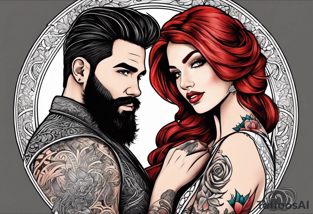 Busty red haired woman with a bearded man who has black hair getting married tattoo idea