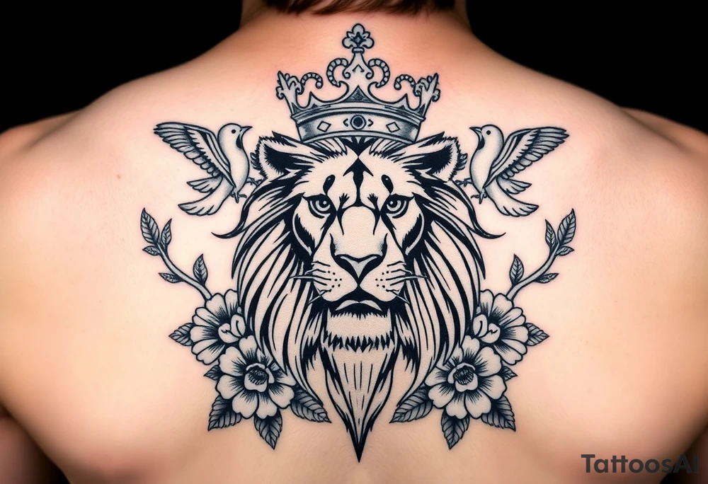 powerful majestic lion with a crown, surrounded by floral ornaments and birds tattoo idea