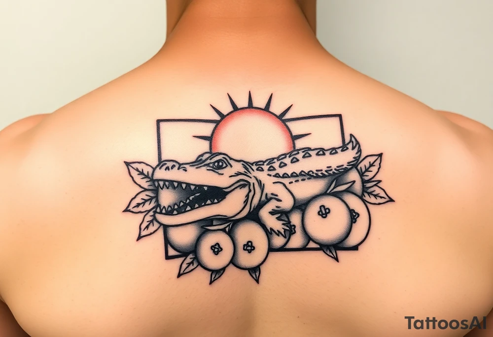 florida themed traditional tattoo with a gator, sun and oranges in a square border tattoo idea