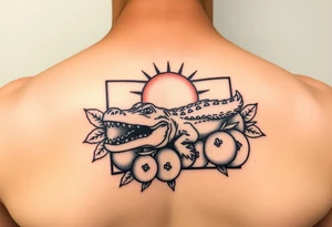 florida themed traditional tattoo with a gator, sun and oranges in a square border tattoo idea