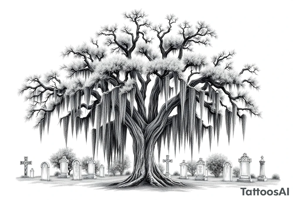 Oak trees with Spanish moss in a cemetery tattoo idea