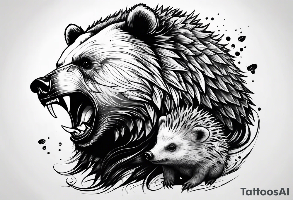 a big growling bear and a tiny hedgehog together. tattoo idea