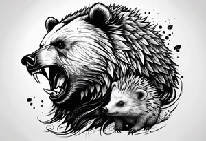 a big growling bear and a tiny hedgehog together. tattoo idea