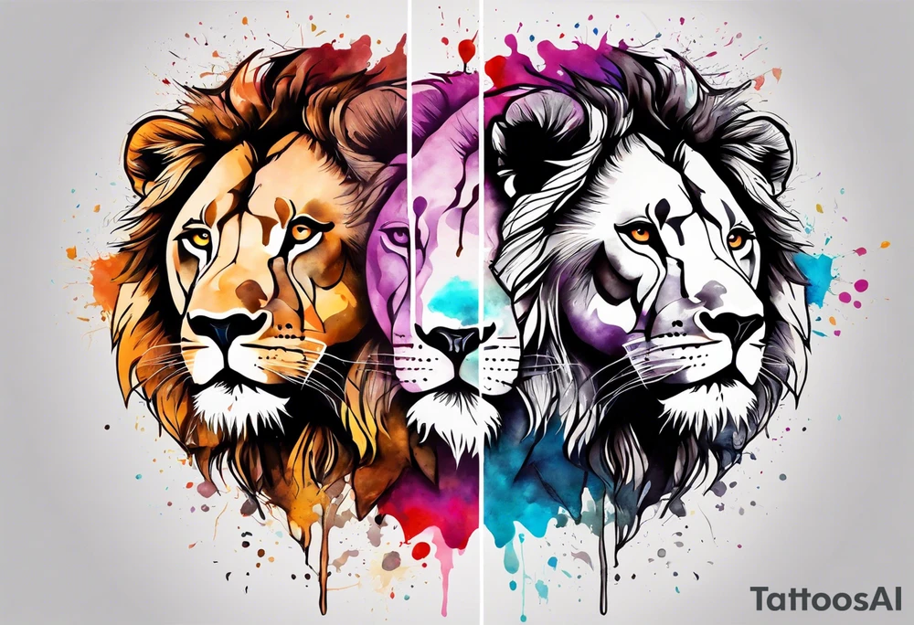 Lion and Lioness Tattoo. Water Colour splash back. Lion on one side, Lioness on the other. Power and love tattoo idea