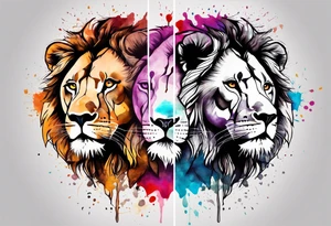 Lion and Lioness Tattoo. Water Colour splash back. Lion on one side, Lioness on the other. Power and love tattoo idea