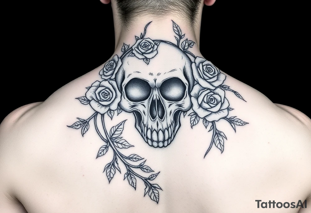 gothic skull intertwined with climbing roses and thorny vines tattoo idea
