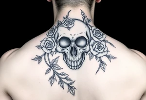 gothic skull intertwined with climbing roses and thorny vines tattoo idea