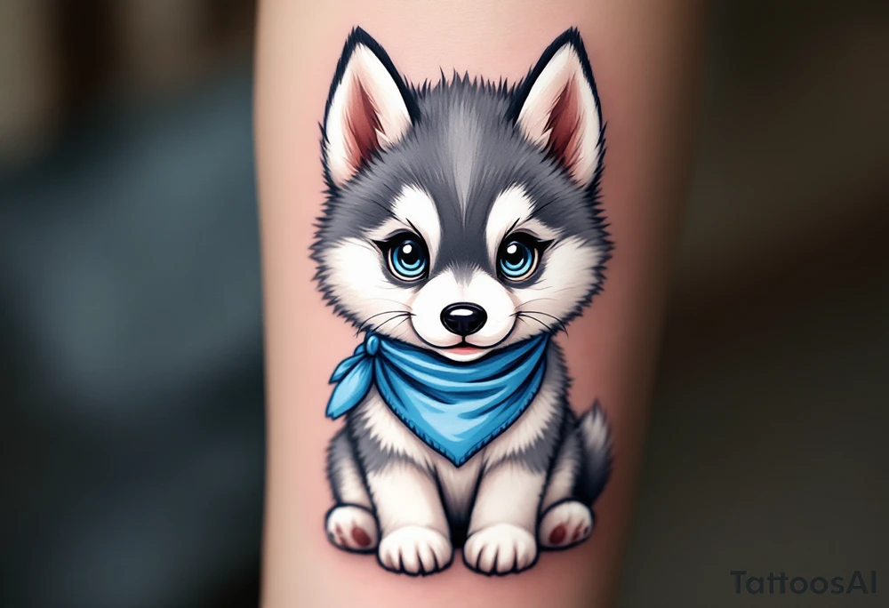 Husky Puppy with Blue Bandana – Cute young husky with soft fluffy gray fur, baby blue eyes, wearing a light blue neck scarf, done in a semi-realistic cartoon style. tattoo idea