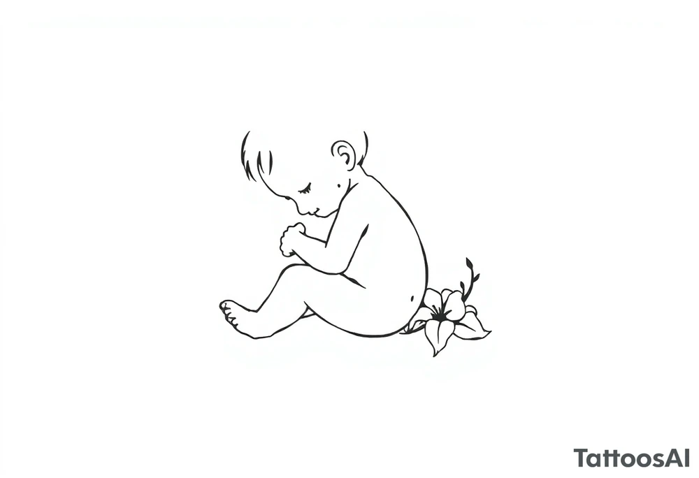 A simple tile floor with a minimalist outline of a curled up child sitting on the floor with a lily next to her tattoo idea