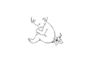 A simple tile floor with a minimalist outline of a curled up child sitting on the floor with a lily next to her tattoo idea