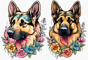 Sable coat German shepherd portrait brightly colored with flowers tattoo idea