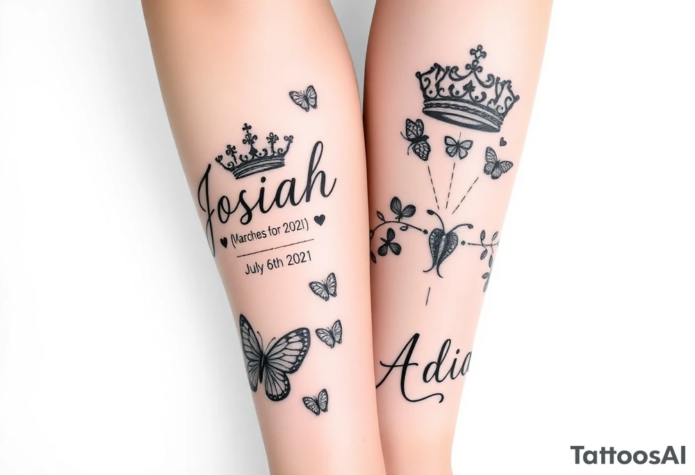 Feminine womens tatto that starts as sleeve and goes down to ankle and in tattoo the names JOSIAH in cursive written with the date July 6th 2021 iAND NEXT TO NAME A PRINCE CROWN and butterfly's and the cancer zodiac number in between with the capricorn sing in between and hearts and the next part lower part of tatto the name ADIAN WITH THE DATE March 10th 2023 WITH A SMALLER PRINCE CROWN THEN THE JOSIAHS CROWN AND THEN LITTLE BUTTERFLYS WITH THE PACIES ZODIAC SING IN AND THE CAPRICORN ZODIAC SIGN BOTH SMALL AND IN BETWEEN THE BUTYERFLYS AND HEARTS MAKE IT MIX TOGTHER DO THE SAME WITH THE CANCER AND CPROCORN SIGN ABOVE only write each name once tattoo idea