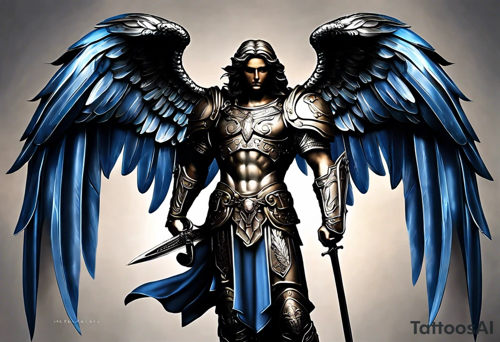 **Tattoo Design: Archangel Michael**

- **Central Theme**: Archangel Michael, majestic and powerful, stands ready with a raised sword, prepared to battle evil.
- **Appearance**: The figure of Archangel Michael depicted in full angelic armor, with majestic wings spread wide.
- **Expression**: His stance conveys strength, courage, and determination in defense of good.
- **Details**: Focus on intricate details such as facial features, armor embellishments, and the raised sword.
- **Background**: May be stylized as celestial, with rays of light or clouds, accentuating the divine presence of Archangel Michael.
- **Placement**: Intended for placement on the chosen body area, with the option to adjust the size according to personal preferences. tattoo idea