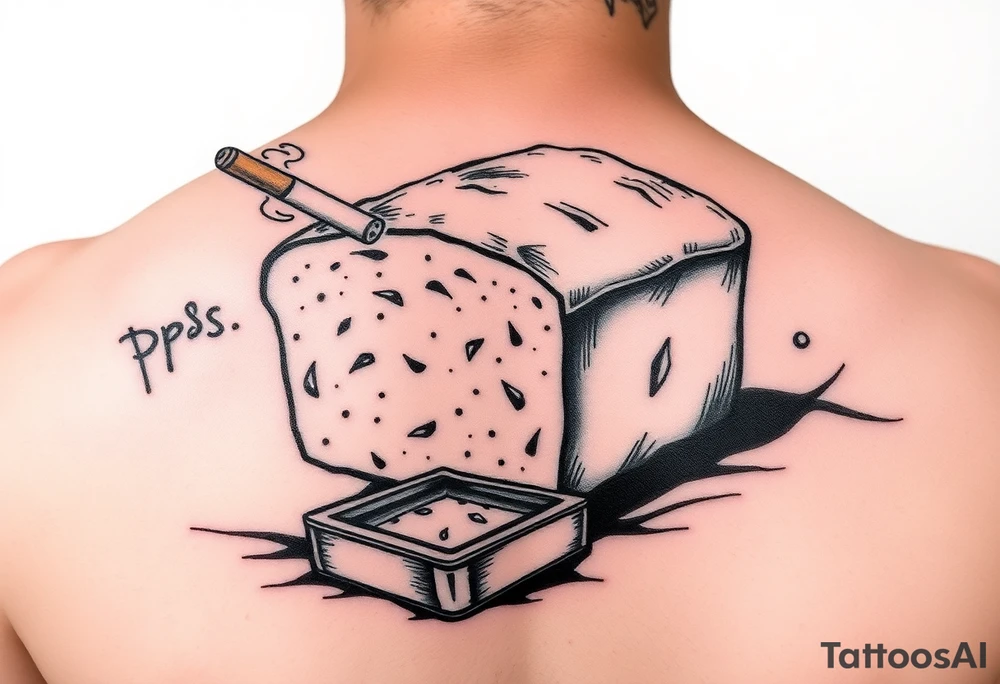 A loaf of bread smoking a cigarette with a ashtray  and pops written tattoo idea