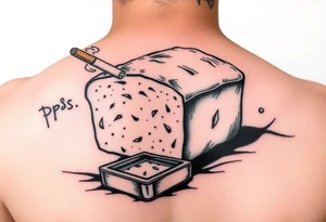 A loaf of bread smoking a cigarette with a ashtray  and pops written tattoo idea