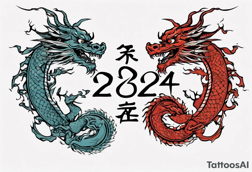 A simple tattoo of the year "2024" with a simple Chinese dragon must include the text "2024" in English tattoo idea