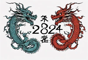 A simple tattoo of the year "2024" with a simple Chinese dragon must include the text "2024" in English tattoo idea