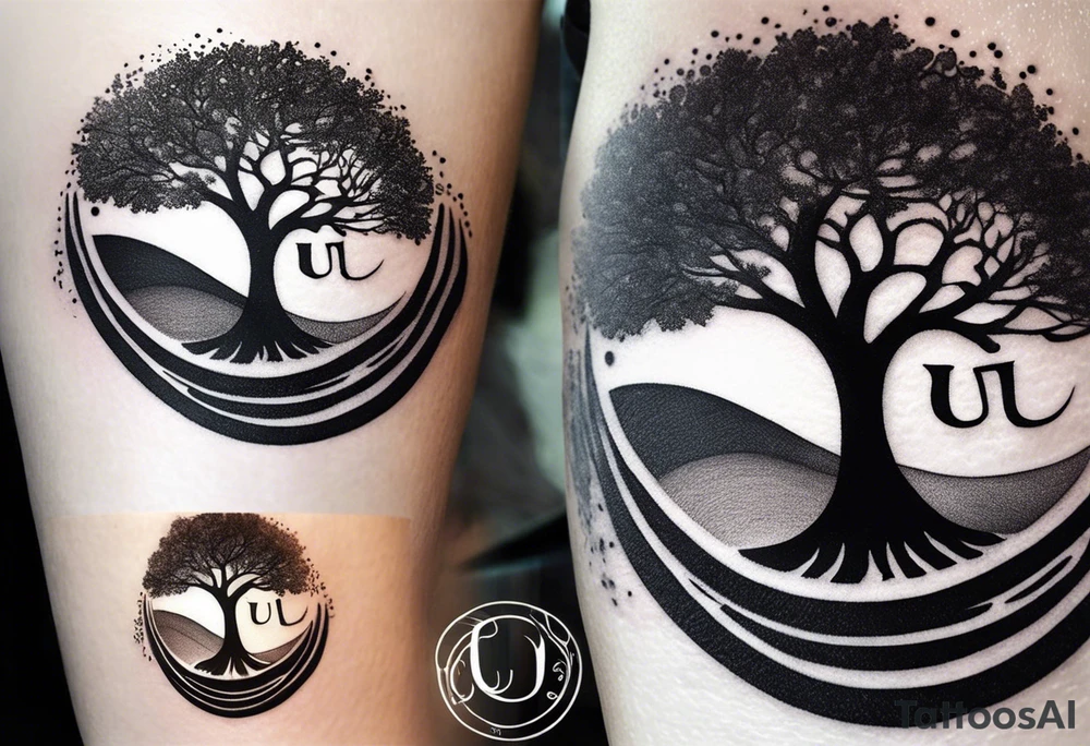 A tattoo design that incorporates the following elements: an abstract tree of life that has roots emerging  from the ground. Waves of water encapsulate the tree and wind around it in an organic way.  Incorporate music.   the letters U and A are overlapping and engraved into the tree. a golf ball incorporated but not prominent. tattoo idea