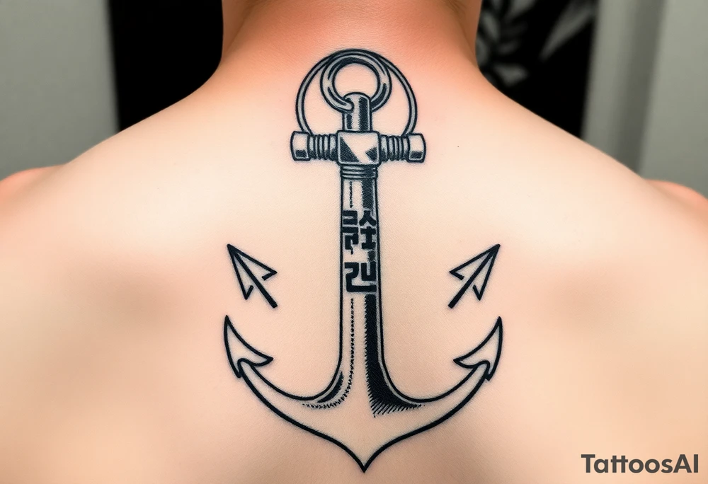 Anchor with the Korean word 정 connecting to the circle at the top of the anchor tattoo idea