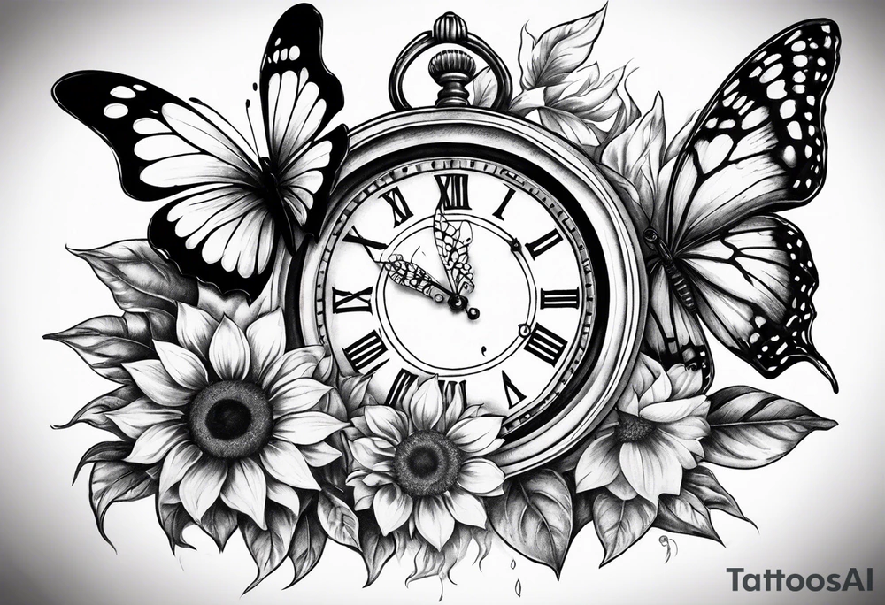 Sleeve with clock, sunflower and butterfly tattoo idea