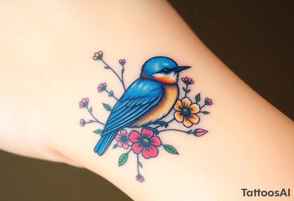 Puffy bluebird surrounded by wild flowers tattoo idea