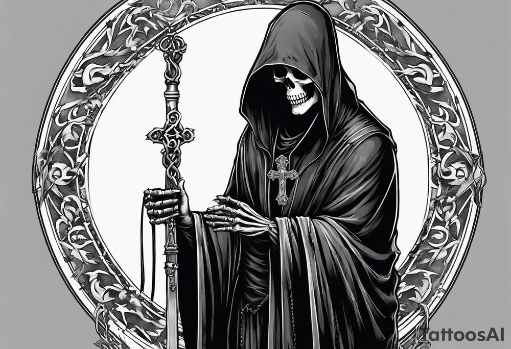 The grim reaper standing from a side profile praying with a rosary wrapped around his hands from a far with skeleton hands show his whole body tattoo idea