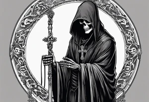 The grim reaper standing from a side profile praying with a rosary wrapped around his hands from a far with skeleton hands show his whole body tattoo idea