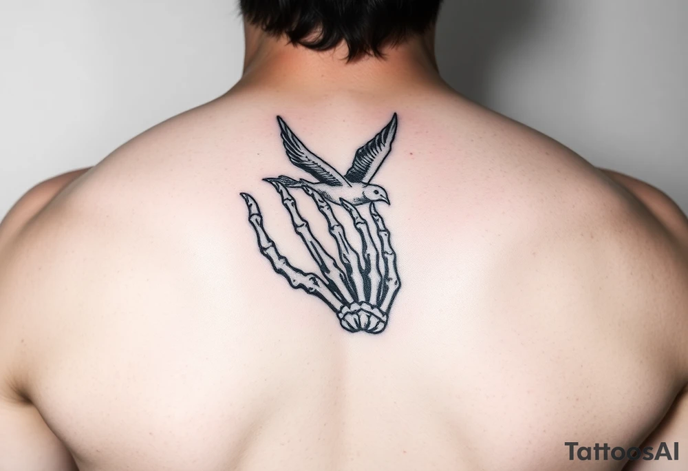 Skeleton hand reaching out of the ocean for a flying swallow in the Sailor Jerry style tattoo idea